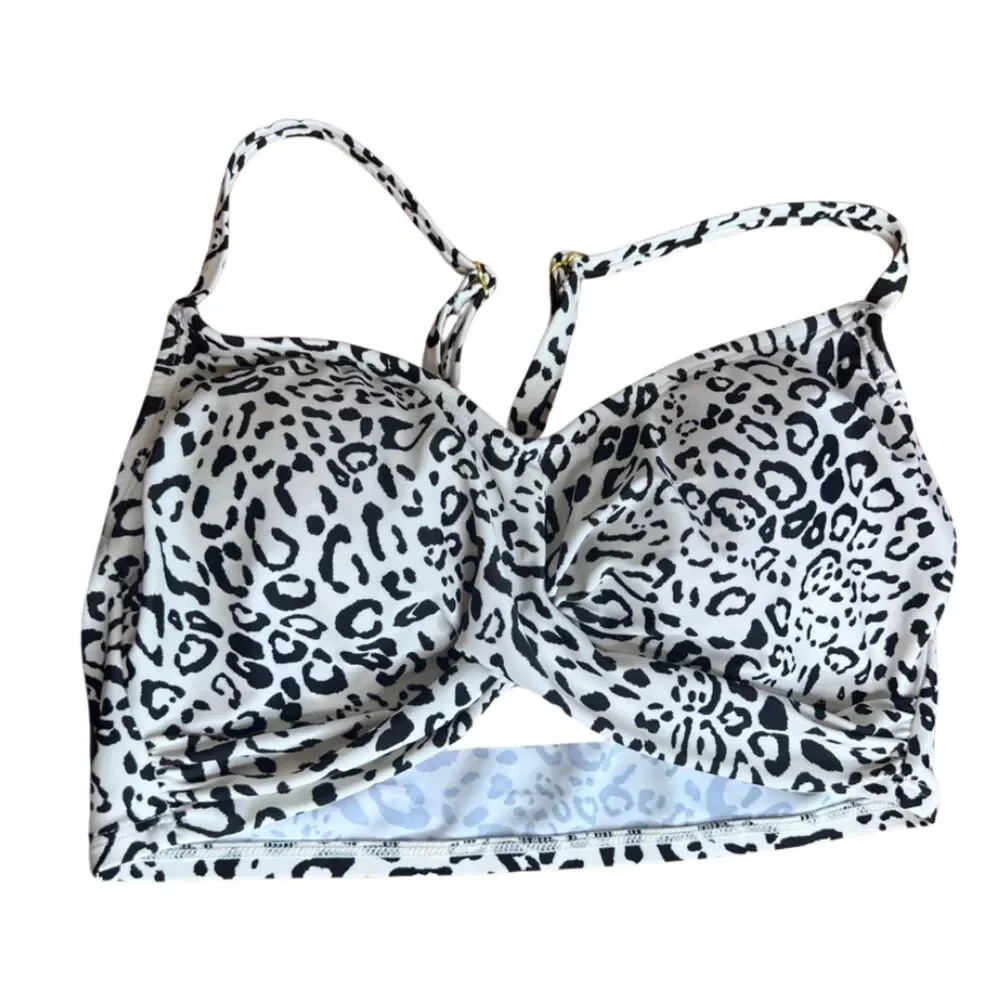 Kona Sol NWT White Leopard Print Racerback Twist‎ Middle Bikini Top Size SM(4-6)